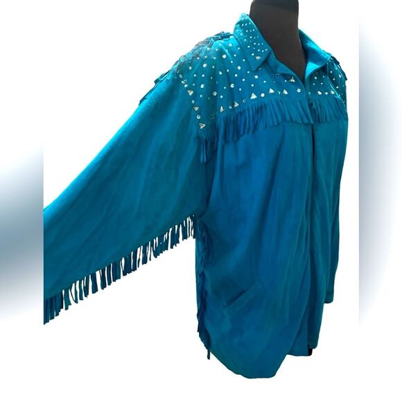 Vtg 80s Suede Fringe Rhinestone Western Oversized Jacket M Western Maximalist - Picture 2 of 7